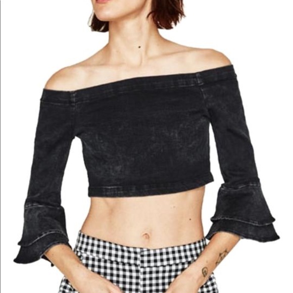 [zara] black denim crop bell sleeves top - Picture 2 of 7